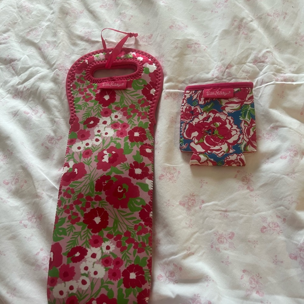 Lilly Pulitzer Pink and Green Floral Wine Tote and Koozie Set